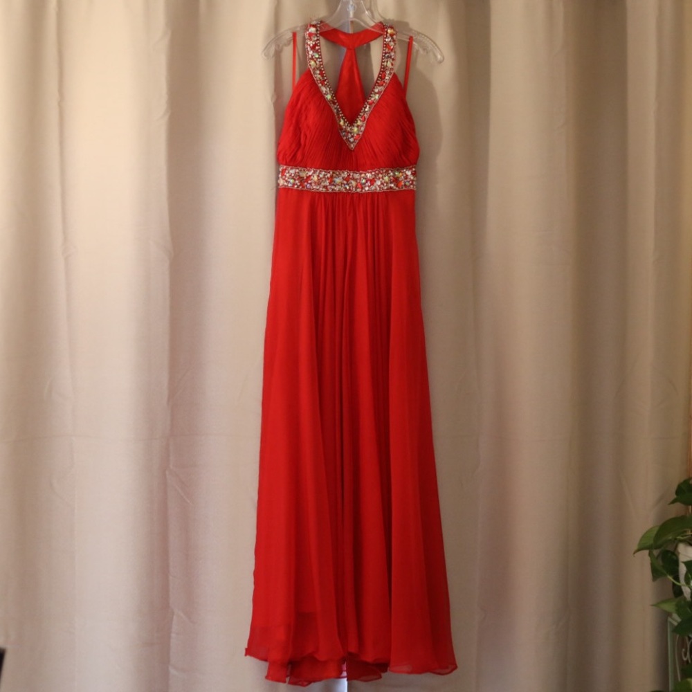 Red beaded prom dress by Night Moves Prom Collection